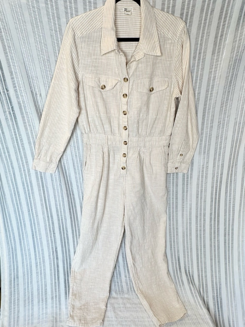 Billabong 100% Cotton Beige Striped Jumpsuit Utility Boho Style size L